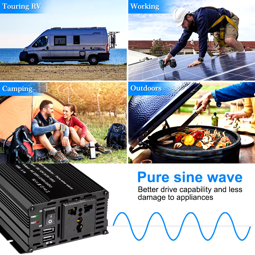 Pure Sine Wave 1000W 1500W 2200W 2600W DC 12V to AC 220V Car Power Inverter Adapter Converter with 3.1A Dual USB Eu/Universal
