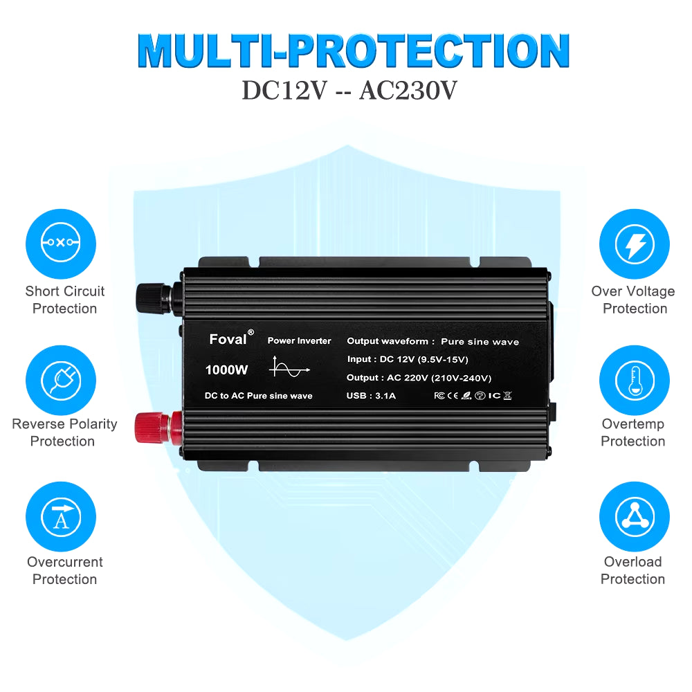 Pure Sine Wave 1000W 1500W 2200W 2600W DC 12V to AC 220V Car Power Inverter Adapter Converter with 3.1A Dual USB Eu/Universal