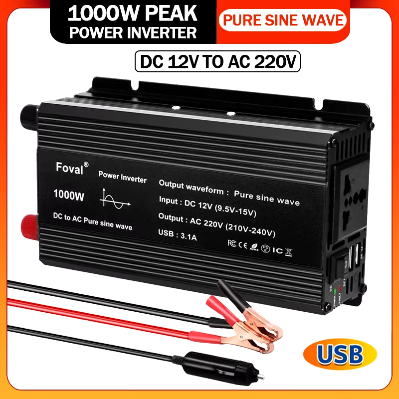 Pure Sine Wave 1000W 1500W 2200W 2600W DC 12V to AC 220V Car Power Inverter Adapter Converter with 3.1A Dual USB Eu/Universal
